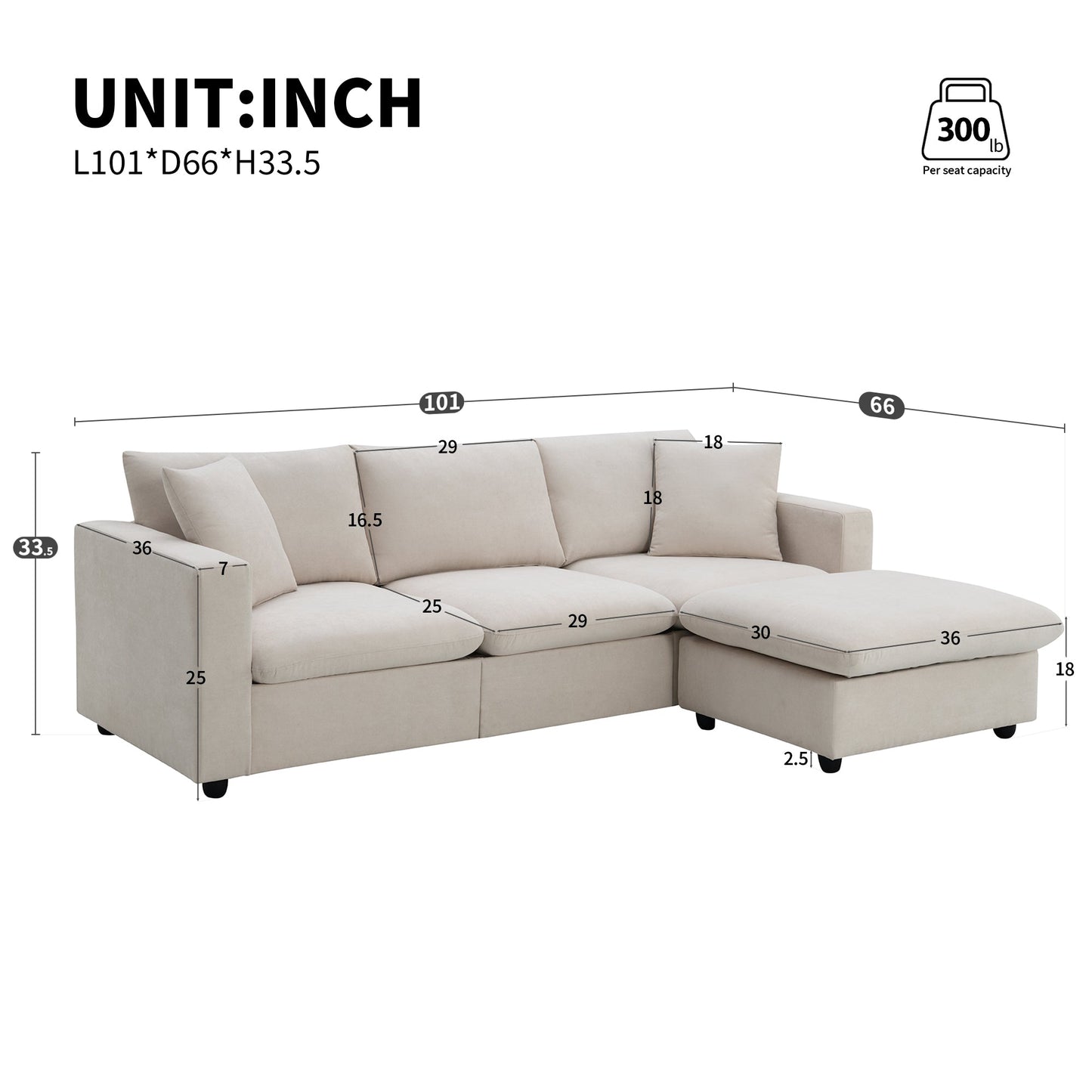 NEW Modern Sectional Sofa with Movable Ottoman and Throw Pillows
