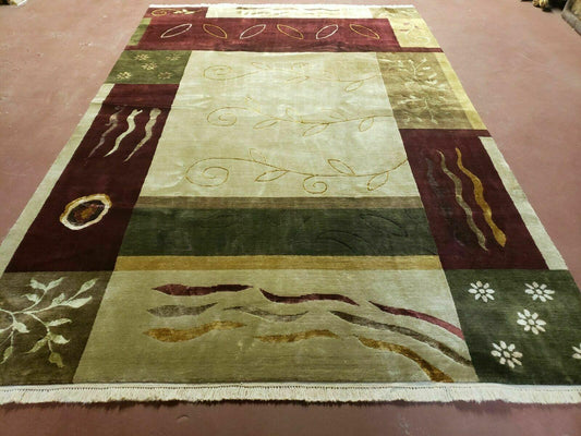 USED 6' X 9' Modern Handmade Tibetan Nepal Wool & Silk Rug Decorative Abstract Gold