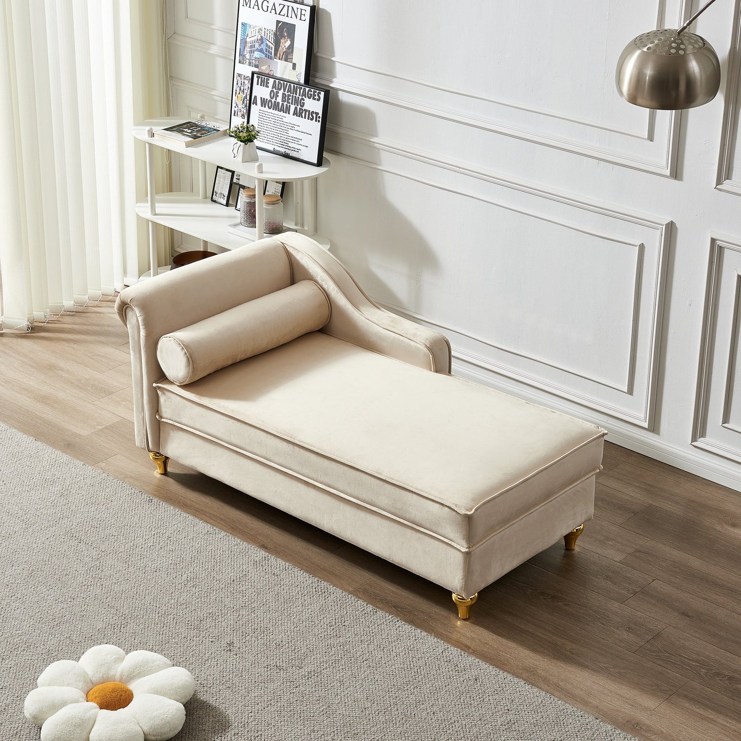 NEW Modern Beige Velvet Upholstered Chaise Lounge Chair with Storage