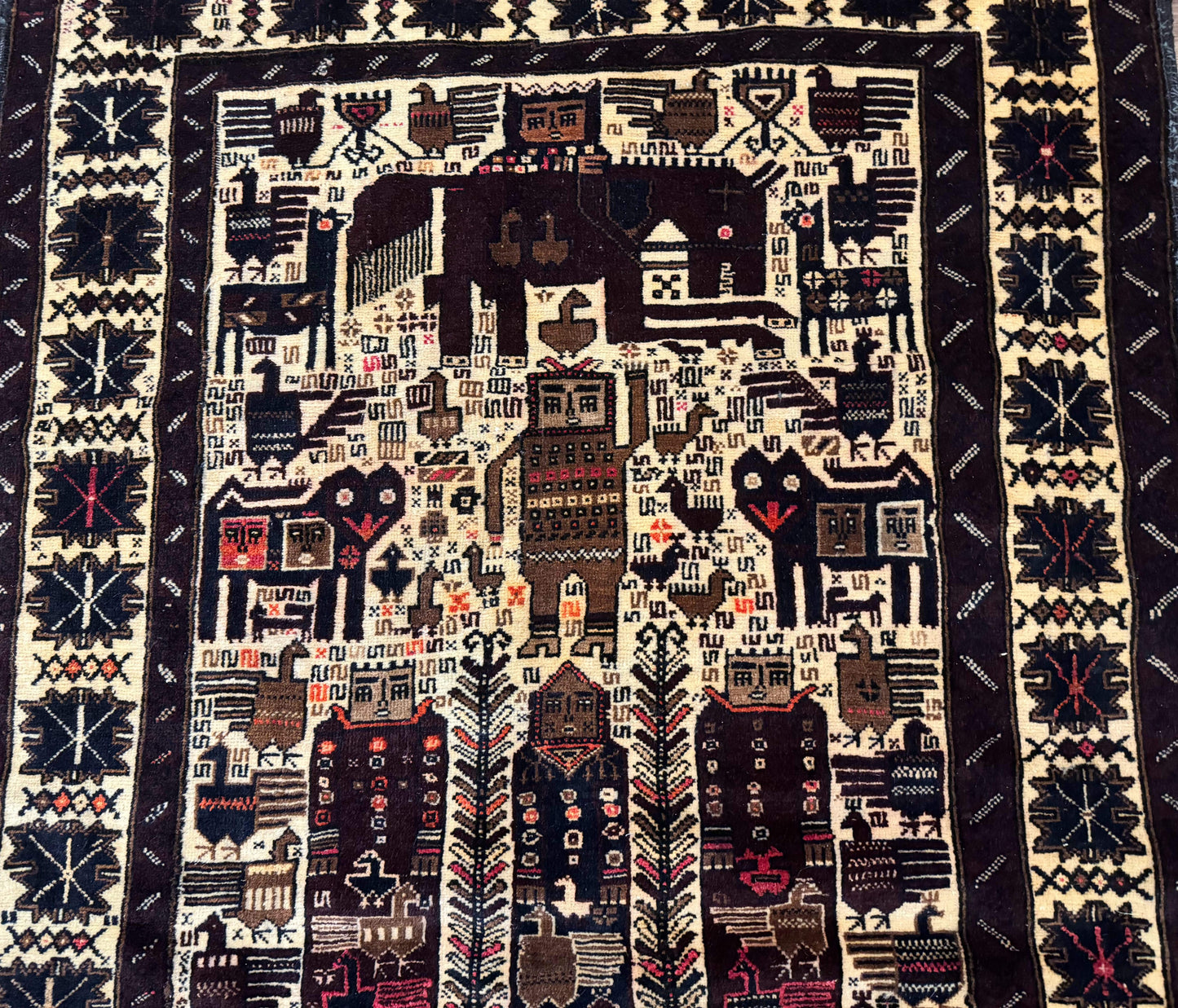 USED Persian Baluch Tribal Rug 4x6, Human and Bird Pictorials, Vintage, Wool, Collectible