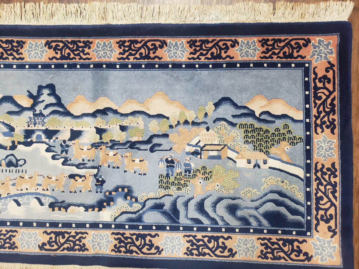 USED Vintage Chinese Pictorial Rug 2'4" x 4' 7", Chinese Village, Wool Hand-Knotted Blue & Teal Fine Carpet, Tapestry Rug, Woven Wall Art