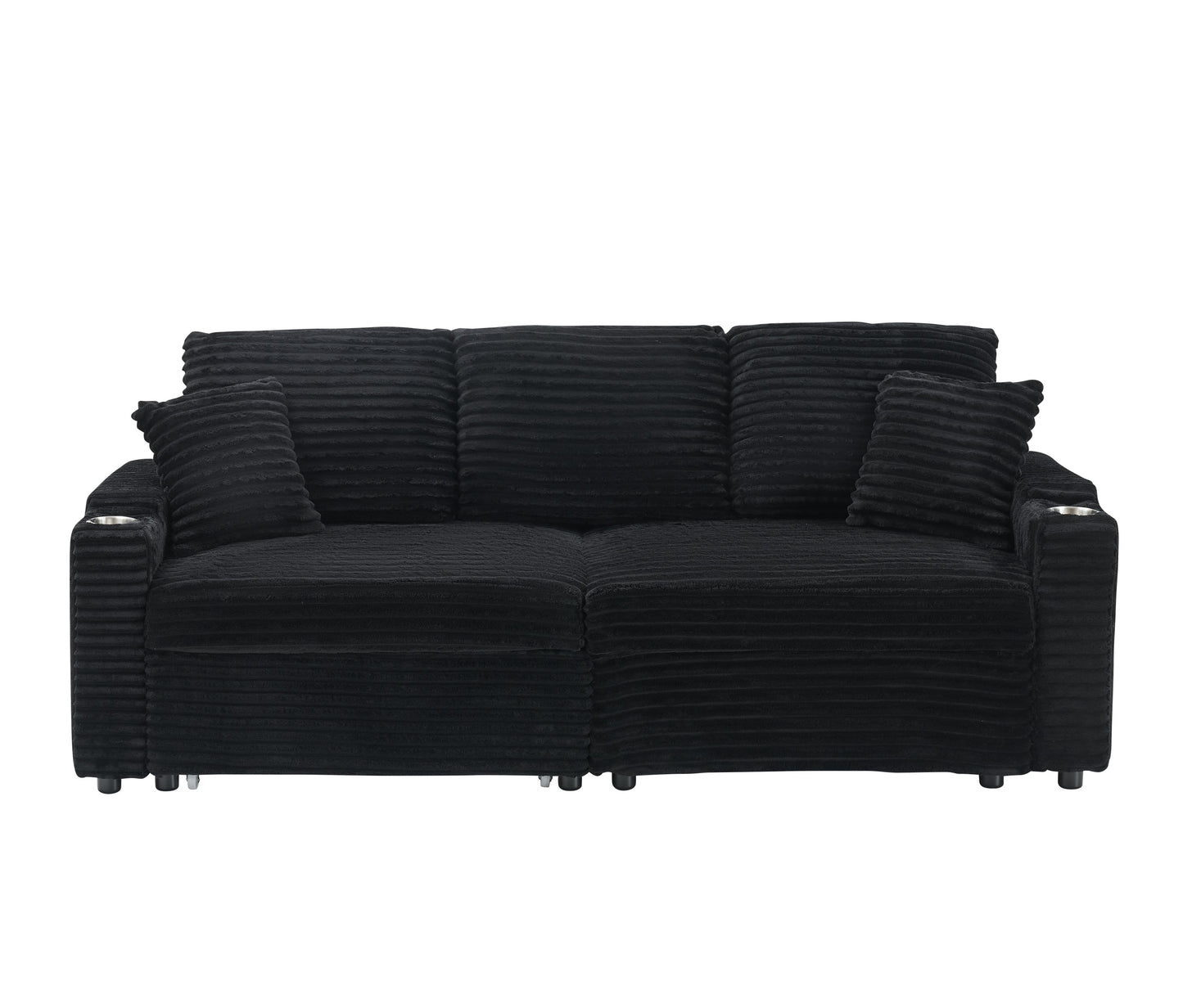 NEW 80-inch 2-in-1 Folding Black Corduroy fabric Sofa equipped with Cup Holder and Pillow