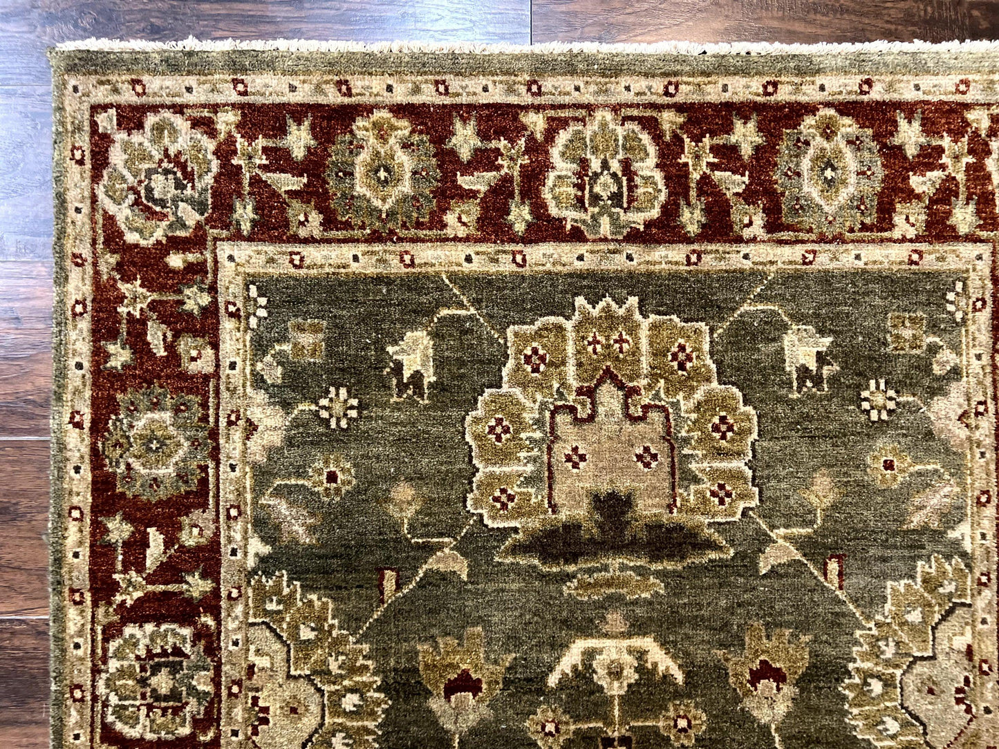 USED Indo Oushak Rug 4x6, Green and Maroon, Vintage Wool Floral Rug, Indian Agra Rug