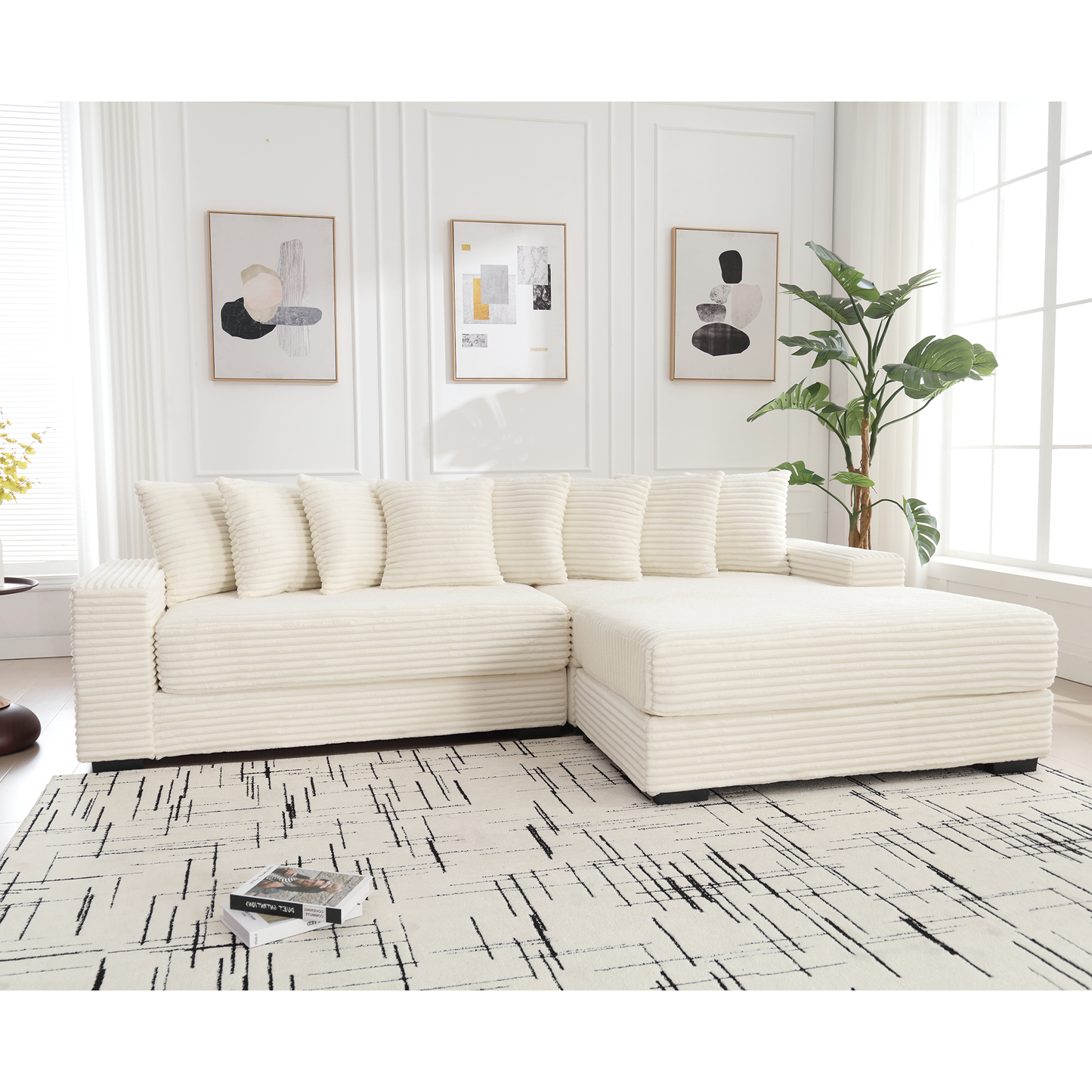 NEW Beige Corduroy Oversized Two-Piece L Shaped Sofa Couch (Right Chaise Daybed Corner with Armrests and Eight Throw Pillows