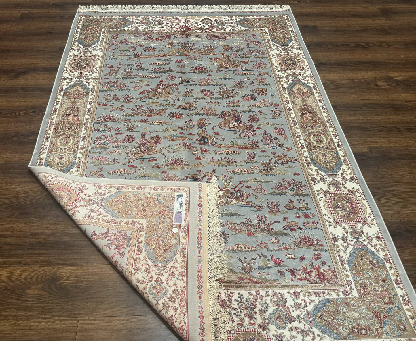 USED Turkish Silk Rug 5x7, Hunting Design, Animal Pictorials, Bamboo Silk