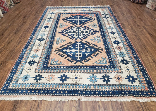 USED Turkish Kazak Rug 5x8 ft, Bold Geometric Bohemian Carpet, Blue and Ivory Hand Knotted Area Rug, Medium Sized High Quality Wool Oriental Rug