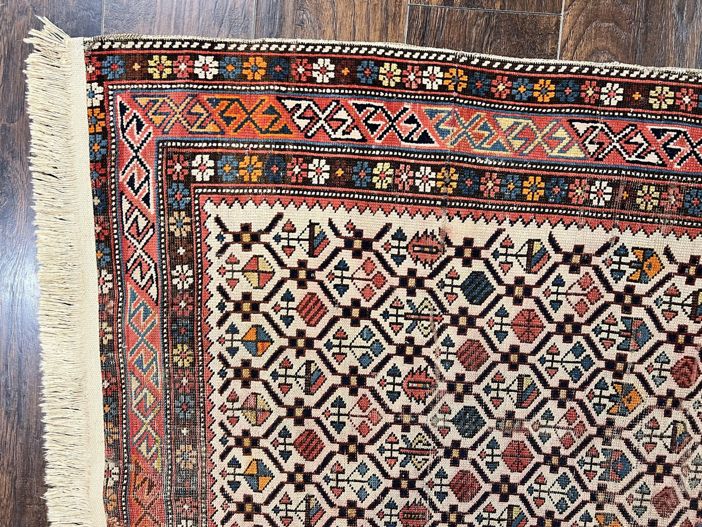 USED Antique Caucasian Rug 4x5, Hand Knotted Handmade Shirvan Oriental Carpet, Ivory Red Rug Allover Pattern, Rare Wool Rug, Tribal Geometric Rug