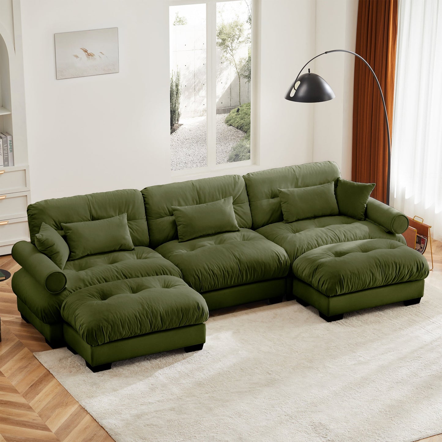 NEW Olive Green Velvet Upholstered U Shape Modular Sectional Sofa Couch with Movable Ottomans
