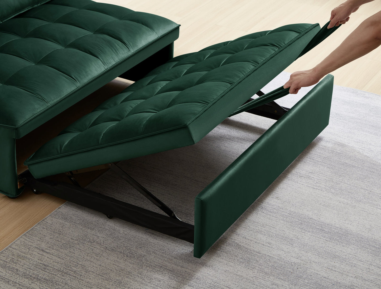 NEW Convertible Modern Green Velvet Fabric Double Seat Loveseat Sleeper Sofa Bed with 2 Detachable Backs