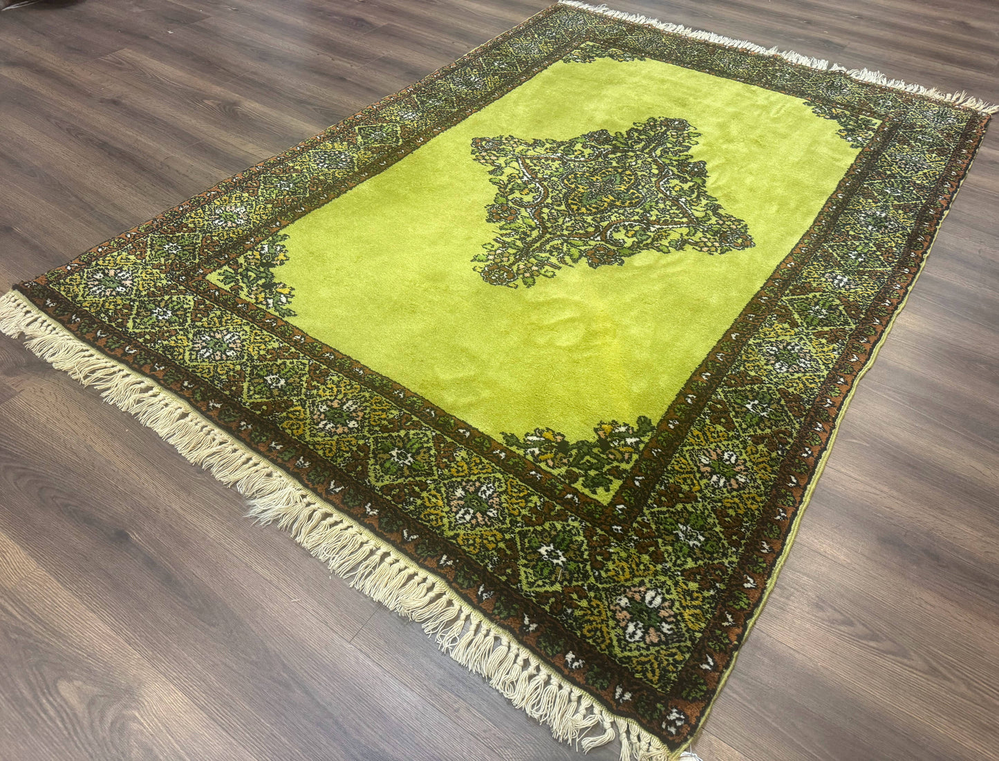USED Moroccan Rug 6x8, Semi Open Field, Vintage, Lime Green, Wool Carpet