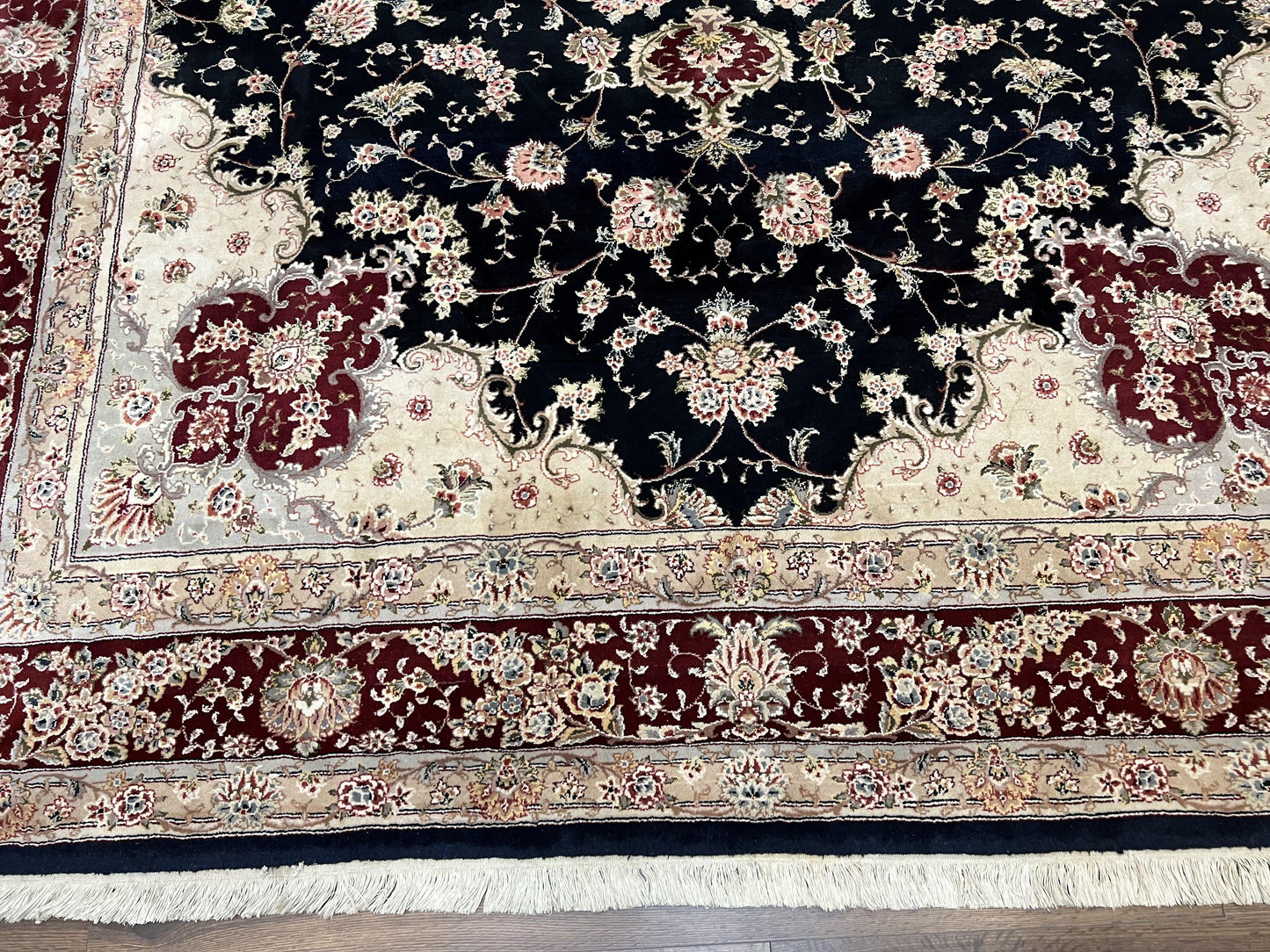 USED Pak Persian Rug 8.8 x 10.6, Floral Medallion, Wool and Silk Hand Knotted Fine Oriental Carpet, Elegant Rug, Black Gray Burgundy, Room Sized