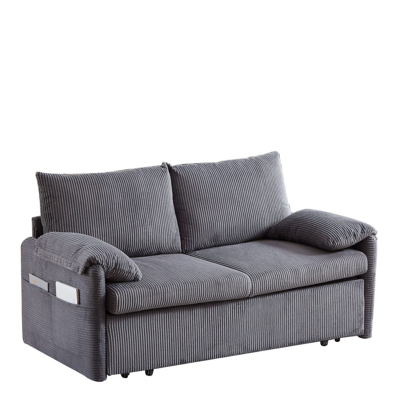 NEW MH'' 3-in-1 Adjustable Sleeper 64.5 Inch Soft Corduroy Convertible Sleeper Sofa Bed with Pullout Bed 2 Pillows and Side Pockets