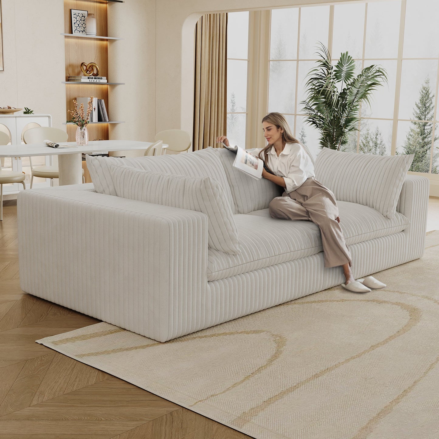 NEW 39.8' White Cloud Corduroy Fabric Deep Seat Couch Removable Cushion Sofa