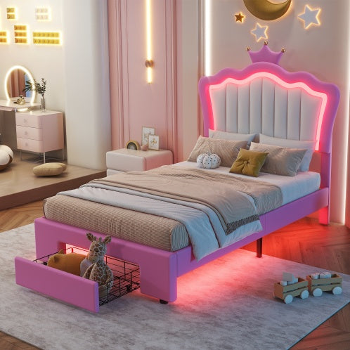 NEW Twin Size Upholstered Bed Frame with LED Lights, Modern Upholstered Princess Bed with Crown Headboard, A Drawer
