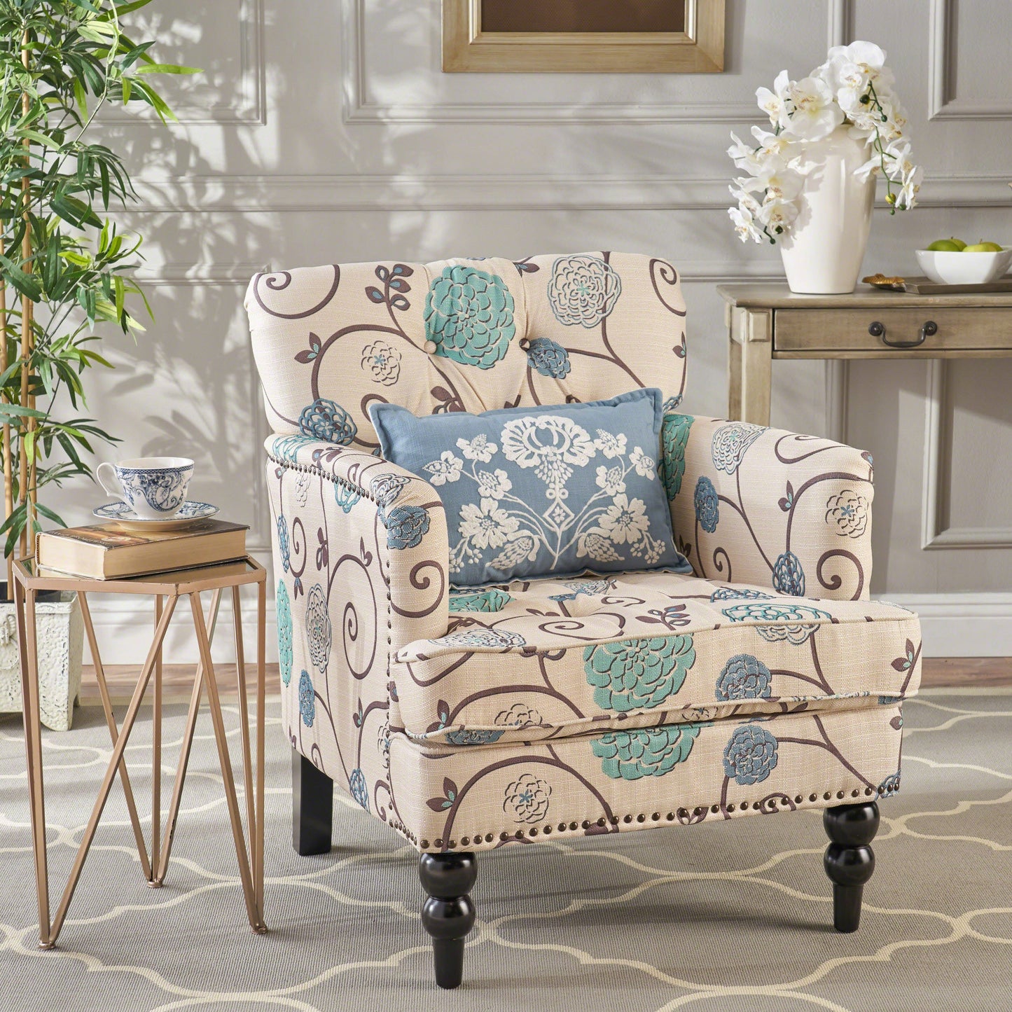 NEW Blue and White Vitality Club Chair with Button-Tufted Diamond Stitching and Turned Legs