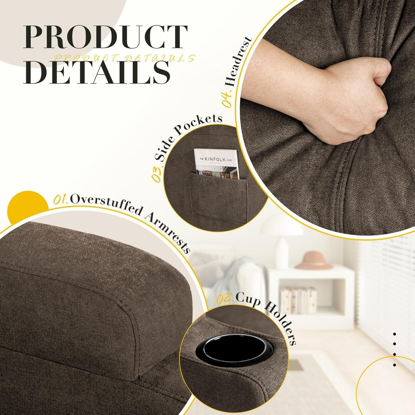 NEW Brown Fabric Recliner Chair With 360 Swivel Massage