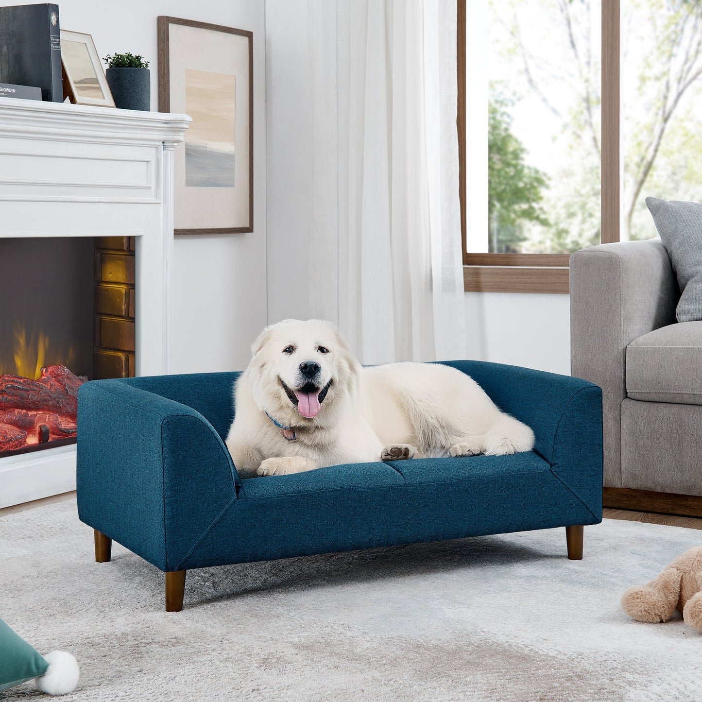 NEW Modern Blue Linen Rectangular Pet Sofa with Backrest and Armrests for Small and Medium Dogs