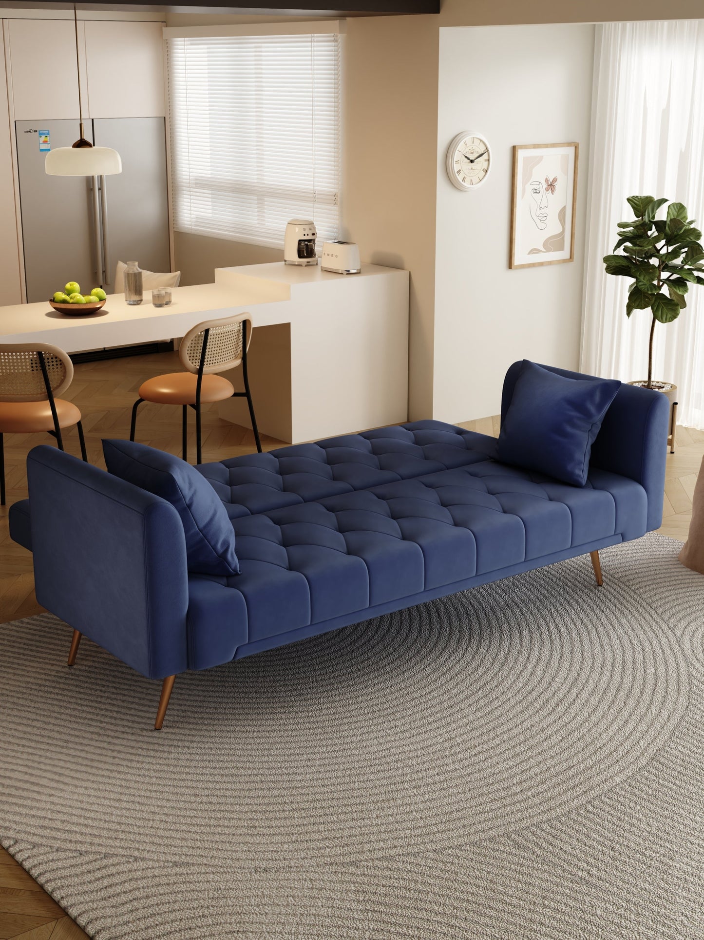 NEW 71-inch convertible love seat sofa, American retro blue velvet material, suitable for small living room, bedroom, office
