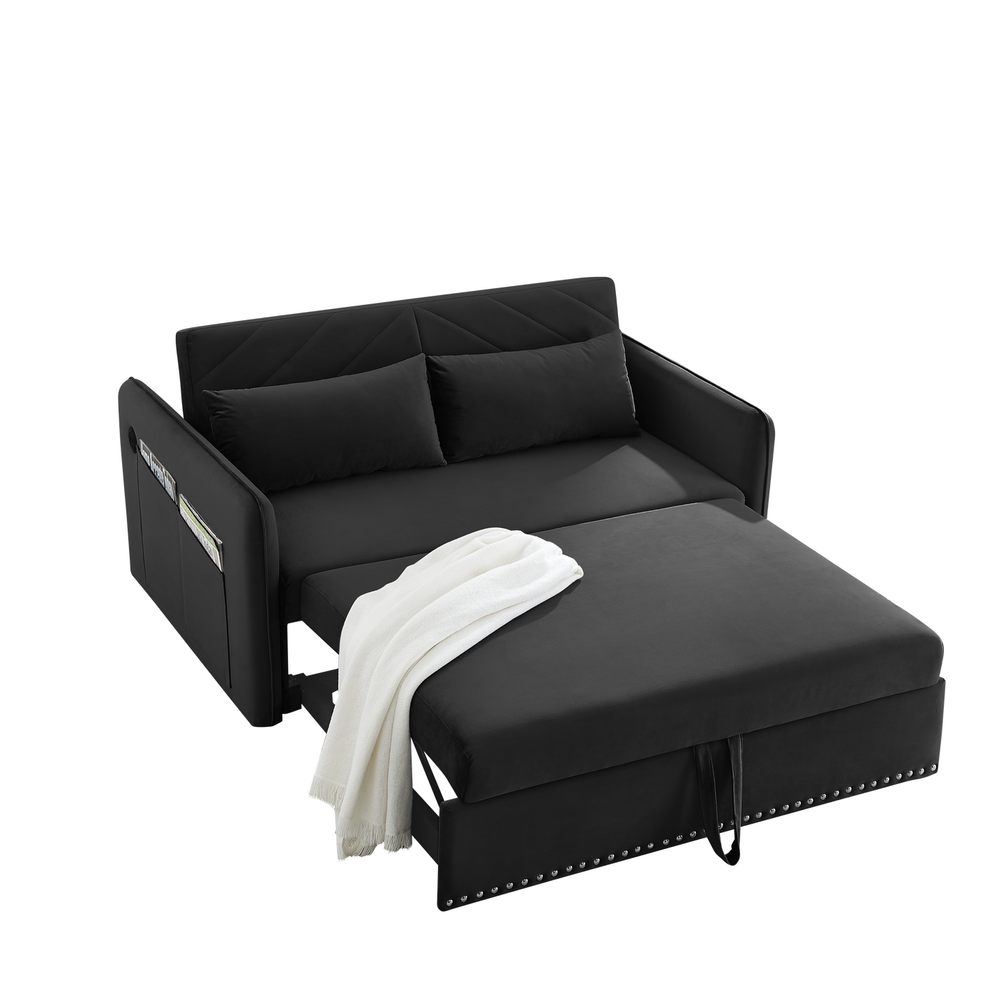 NEW MH' Soft Velvet Convertible 3 in 1 Adjustable Sleeper Pull Out Sofa Bed w/USB Port with 2 Lumbar Pillows and Side Pocket