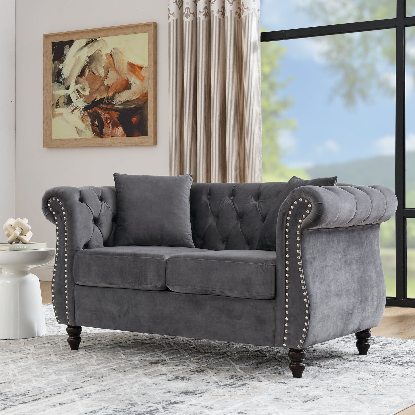 NEW 58.8' Chesterfield Sofa Grey Velvet for Living Room, 2 Seater Sofa Tufted Couch with Rolled Arms and Nailhead for Living Room, Bedroom, Office, Apartment, two pillowsW834S00069