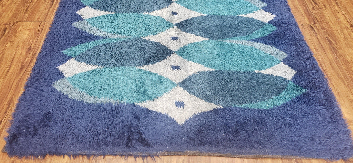 USED Blue Rya Rug, 1960s Mid-Century Modern Danish Shag Rug 4'6" x 6'7", Ege Rya, Abstract