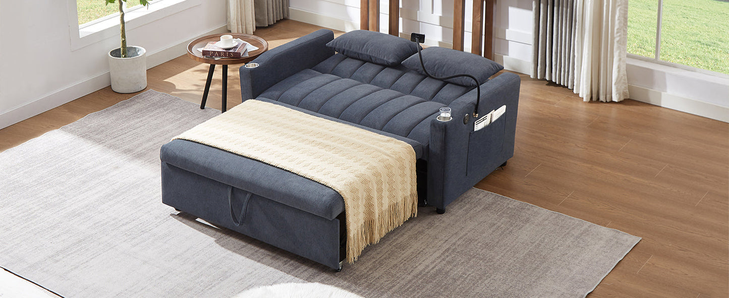 NEW Convertible Sofa Bed Loveseat with USB Ports, Side Pockets, Cup Holders, and Phone Holder in Blue Grey Bella Fabric, 55.9'