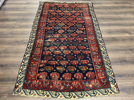 USED Antique Seychour Rug 4x7, Collectible Kuba Caucasian Carpet, Wool Handmade, Red Navy Blue Cream, Repeated Allover Motif, Early 20th Century