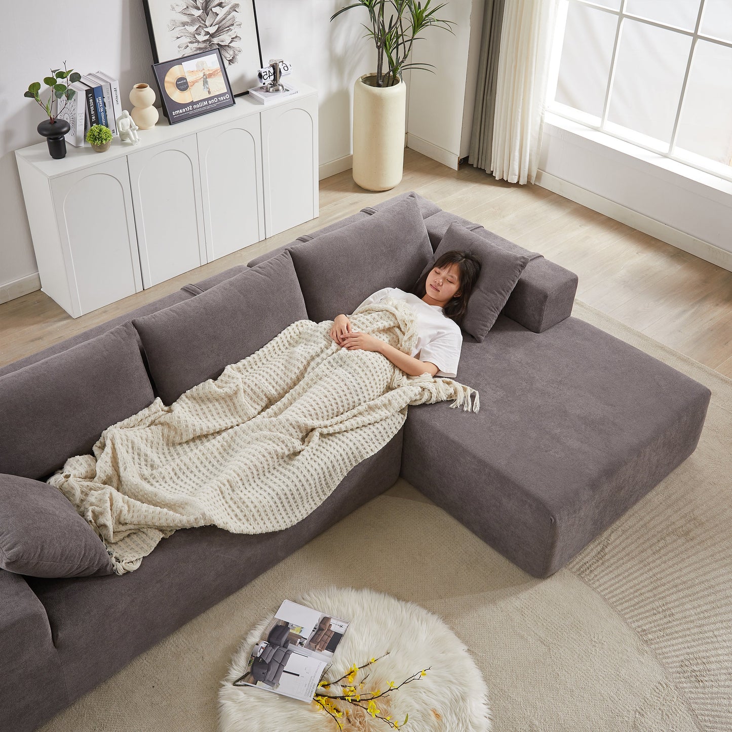 NEW Modern Chenille Upholstered Modular L Shaped Sectional Sofa Couch Set L Shaped Sectional Sofa Couch Set with Six Pillows