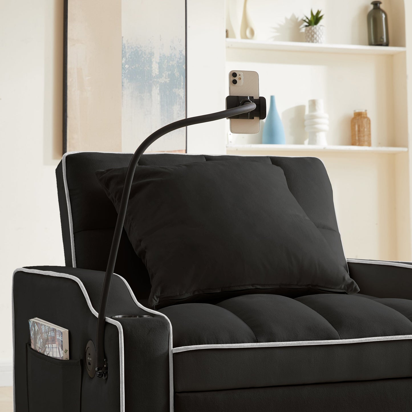 NEW Black Velvet Convertible 3-in-1 Sofa Bed with Multi-Pockets and Adjustable Sleeper