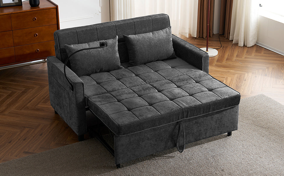 NEW Contemporary 56.9' Loveseat Sofa Bed Sleeper with Reversible Backrest, Side Pockets, USB Ports, Phone Holder, Black Chenille