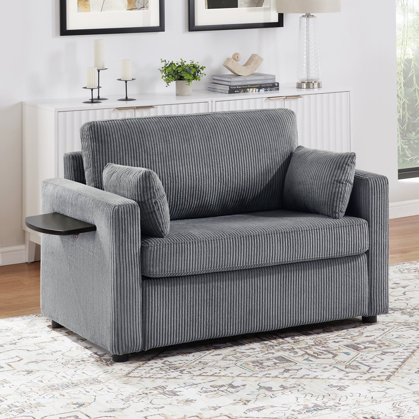 NEW Twin Size 47.2' Gray Corduroy Sleeper Loveseat Sofa Bed with Foldable Mattress USB Ports Side Table & Storage Pocket