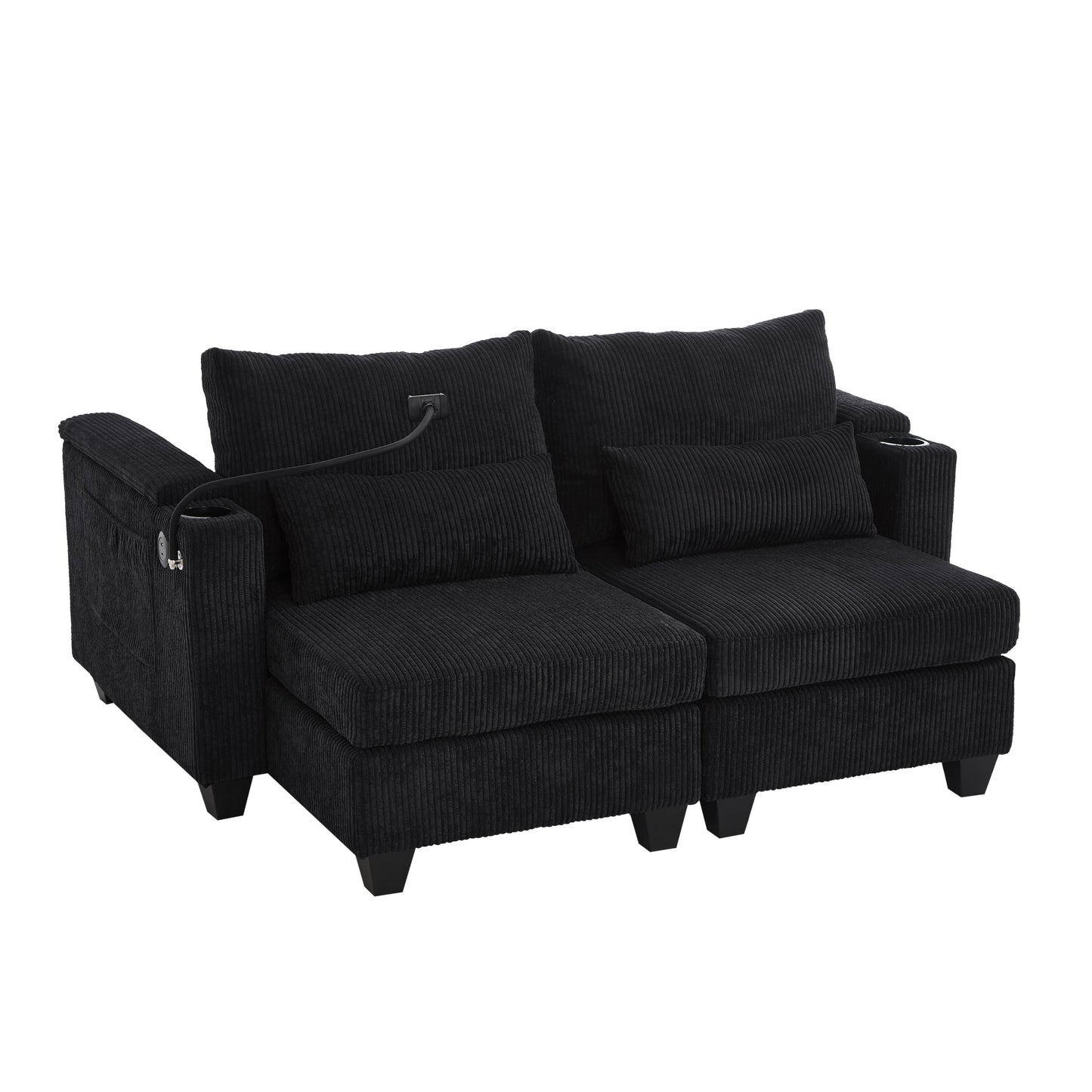 NEW Convertible Chaise Lounge 63' Loveseat Sofa Bed with USB Ports, Cup Holders, Phone Holder & Storage, Black Corduroy