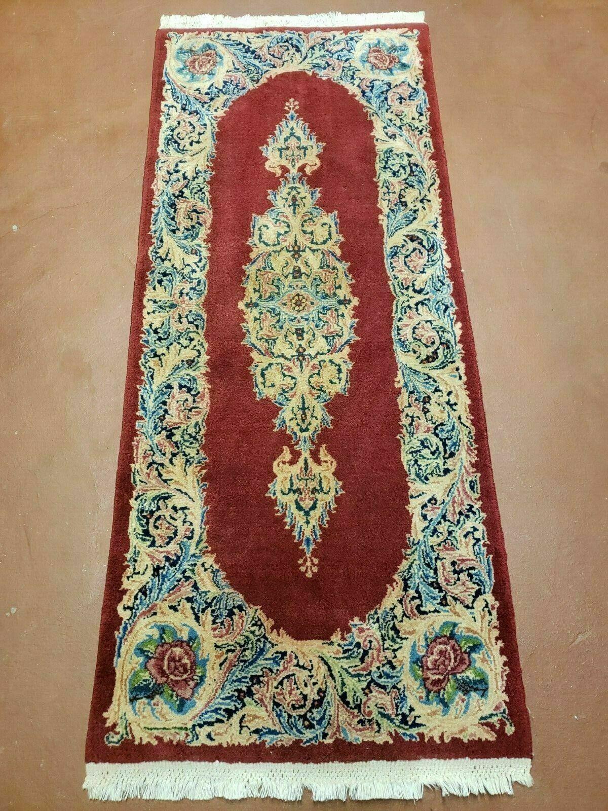 USED Small Persian Kirman Rug 2x4, Wool Oriental Vintage Handmade Carpet, Hand Knotted Floral Medallion, Red & Beige, Semi Open Field