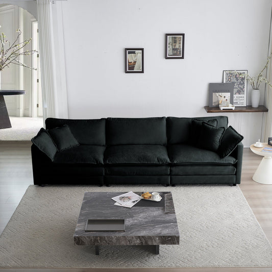 NEW Black Chenille Mid-Century Modern Couch 3-Seater Sofa with Two Armrest Pillows and Three Toss Pillows