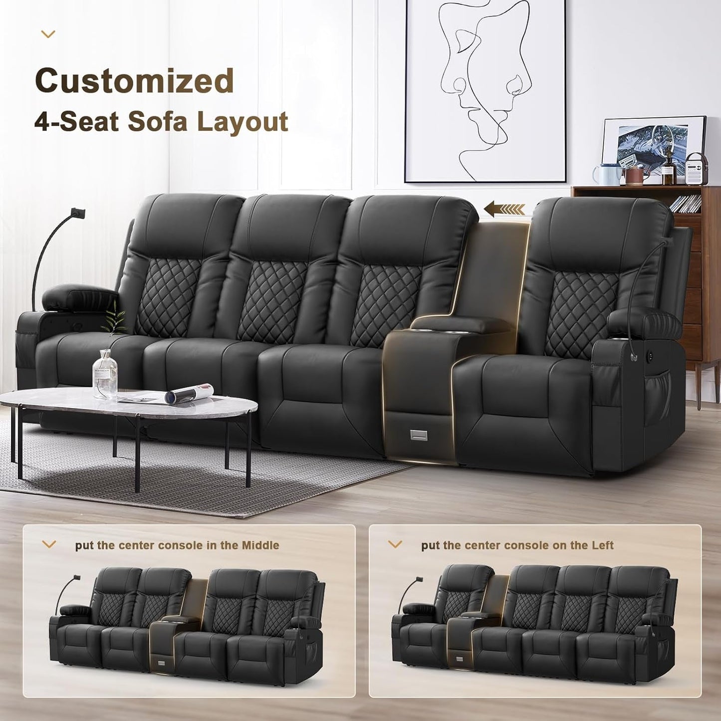 NEW 4 Seat Recliner Sofa With USB Ports And Storage Console