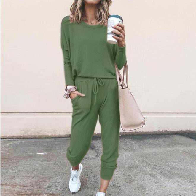 New Women's Long Sleeve Suit Fashion Pullover Top And Pockets Drawstring Long Pants Solid Color Casual Sports Trouser Suit Clothing