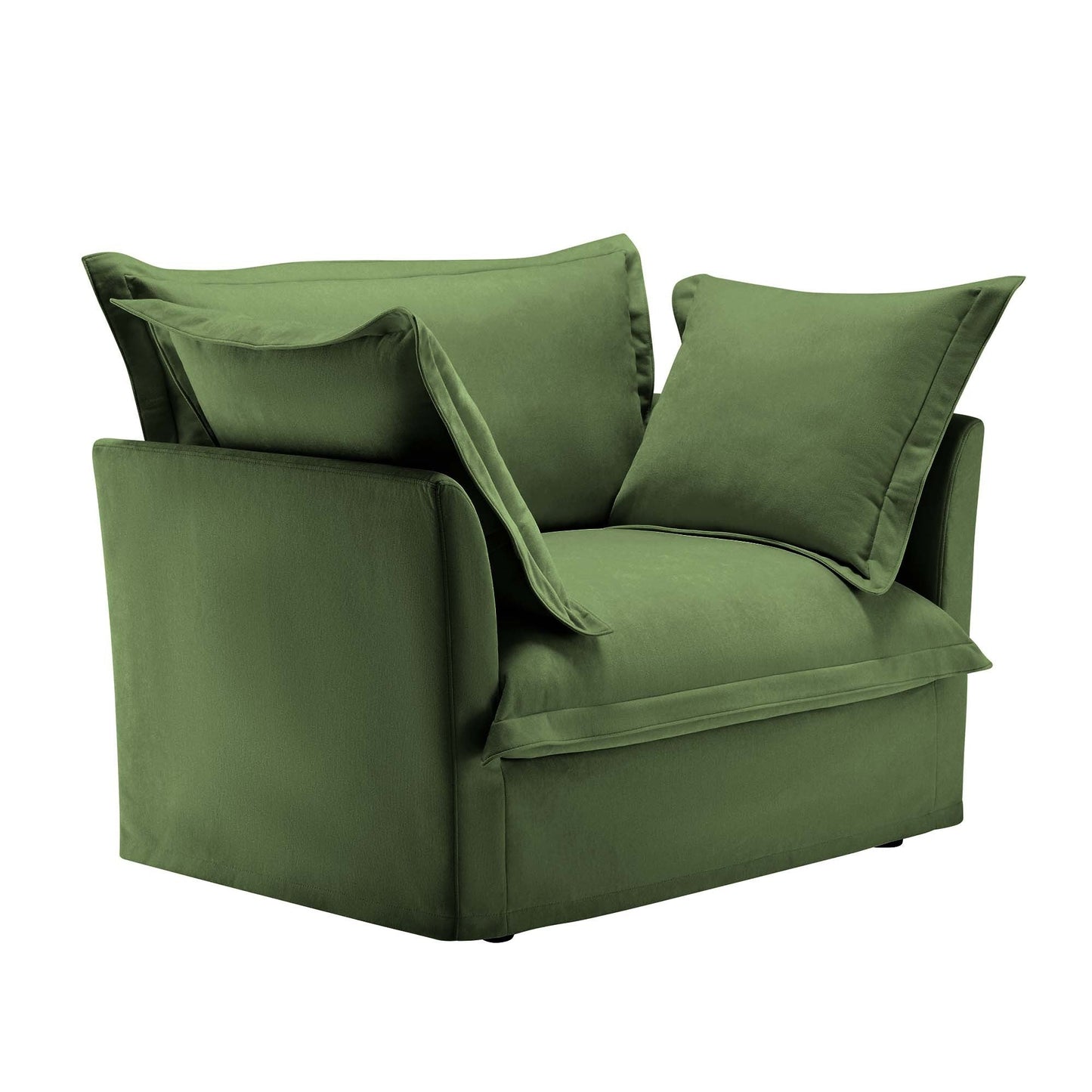 NEW Slip-covered Armchair with 1 Big Back Cushion and 2 Big Toss Pillows, Single Deep Seat Comfy Single Couch Sofa Multiple Large Soft Pillows, Chenille Fabric, Green