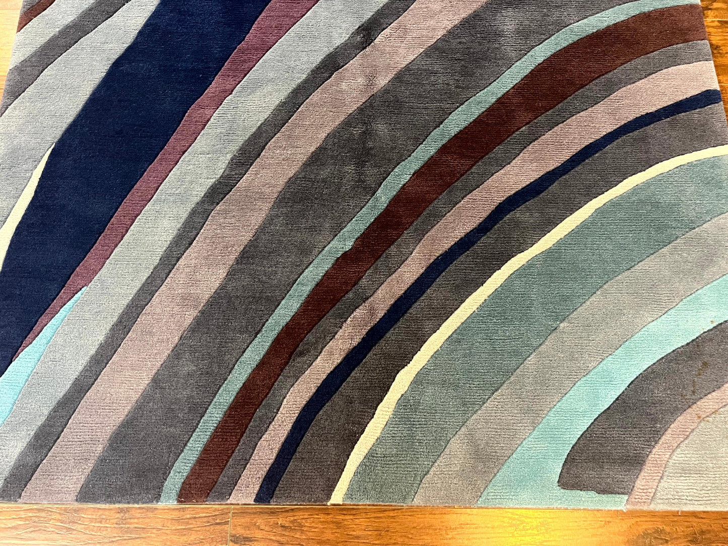 USED Modern Nepali Handmade Wool Rug 6x8, Blues Gray Mauve, Abstract, Nepali Tibetan Rug