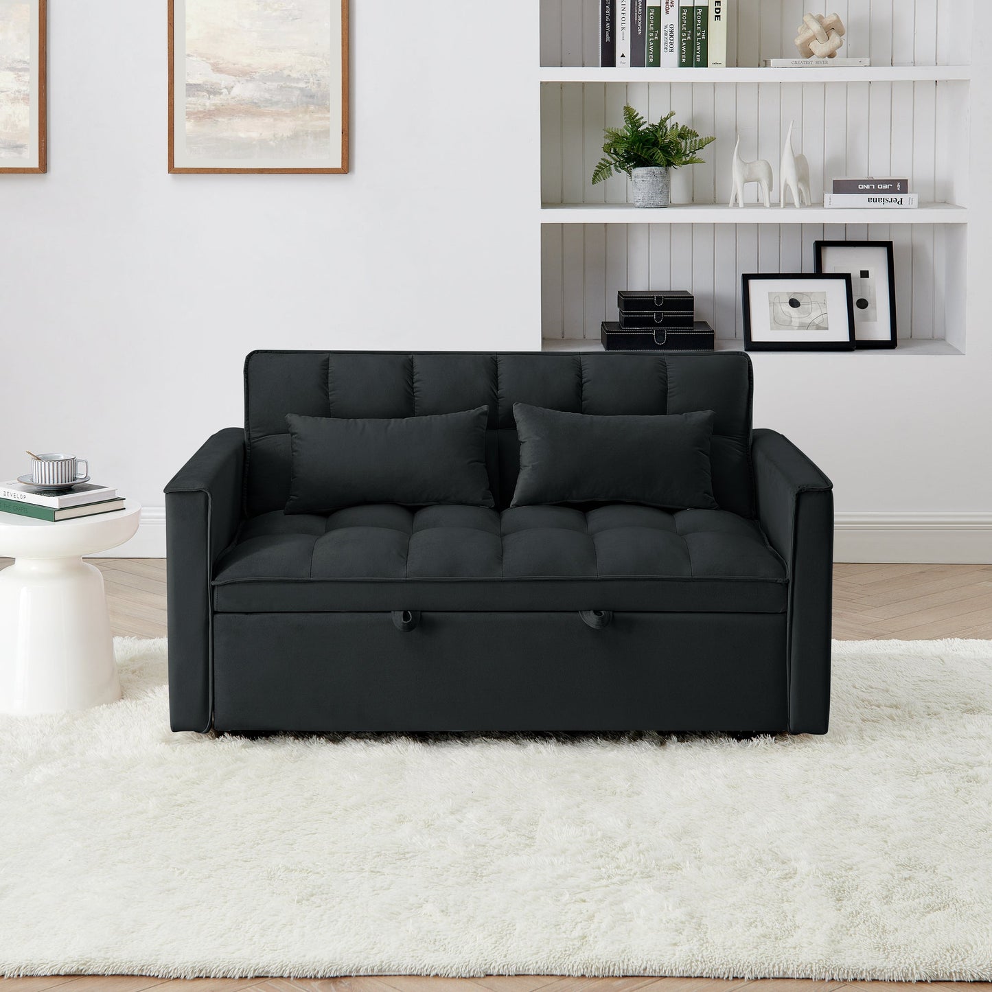 NEW 54.33 inch Versatile Foldable Modern Black Velvet Sofa Pull-out Bed Adjustable Back