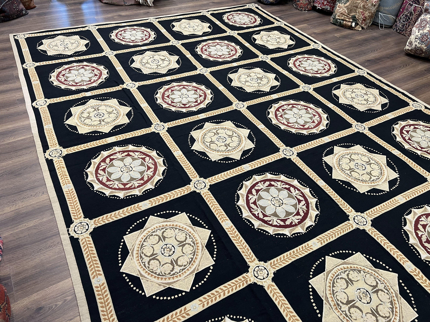 USED Large Needlepoint Rug 10x13, Panel Design, Black and Beige, Wool Needlepoint Carpet 10 x 13, English Garden, Handwoven Area Rug, Living Room