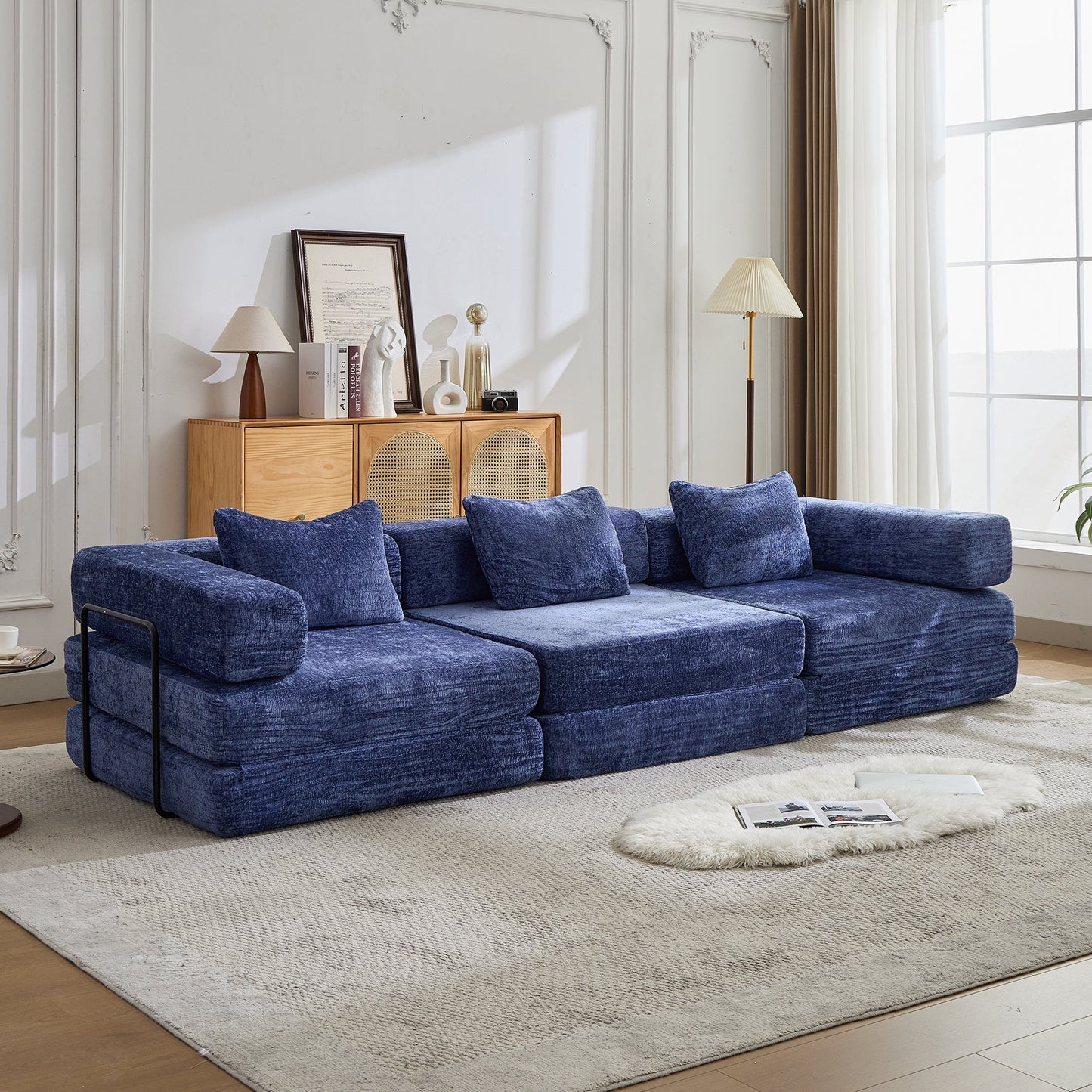 NEW Dark Blue Chenille Fabric Compression Convertible Floor Sofa Bed with Fixed-Shape Frame Boneless Modular Sectional Couch