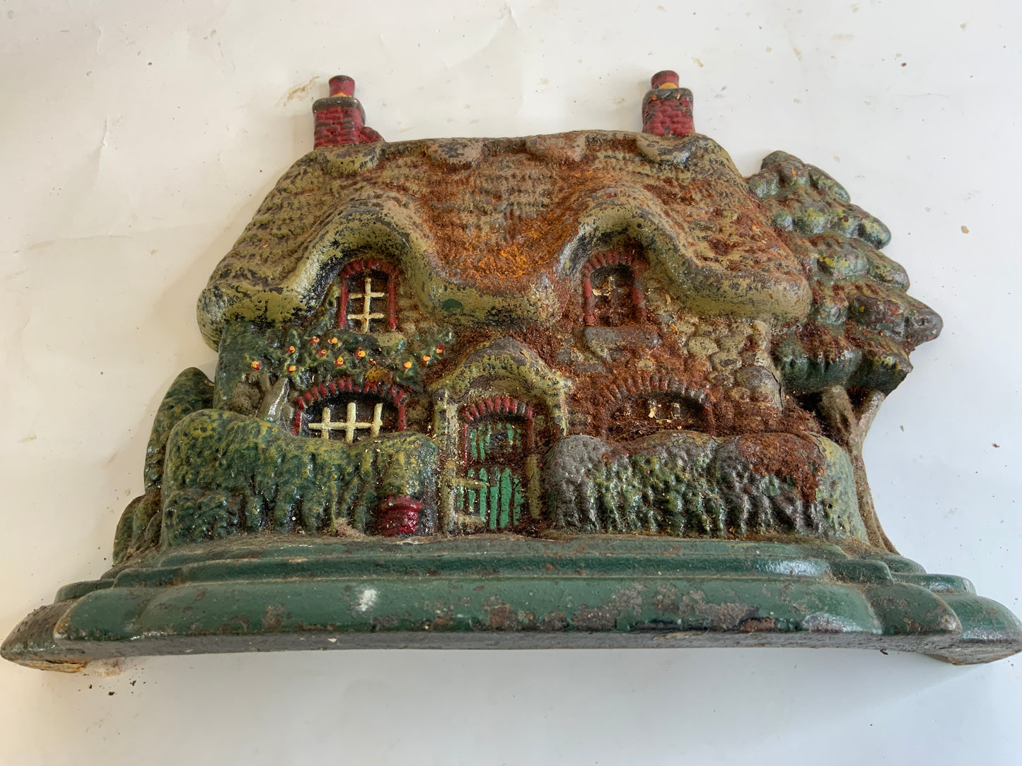 Vintage Cast Iron Door Stop Rustic House With Trees