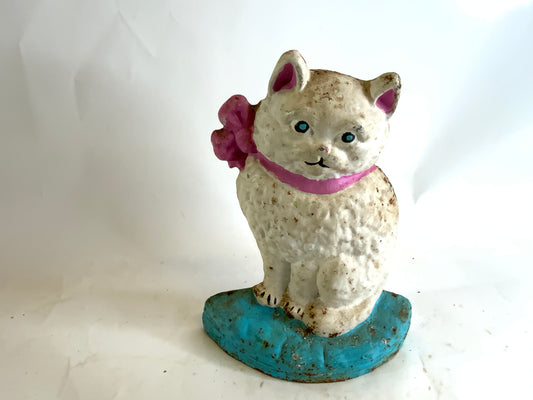 Vintage Cast Iron Cat Door Stop with Pink Ribbon