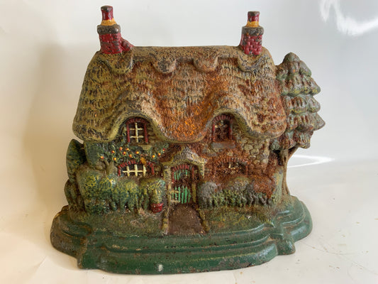 Vintage Cast Iron Door Stop Rustic House With Trees