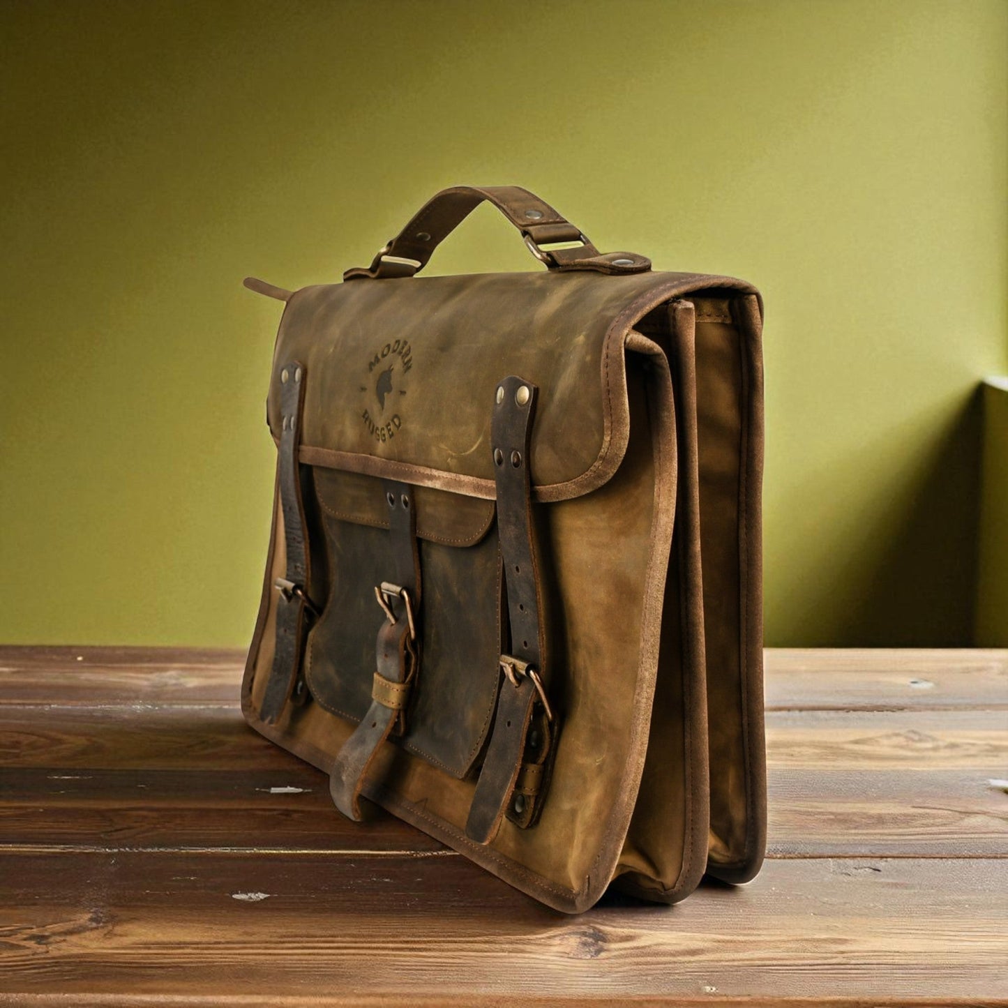 NEW Bovine Leather Twin Strap Laptop Bag - Olive