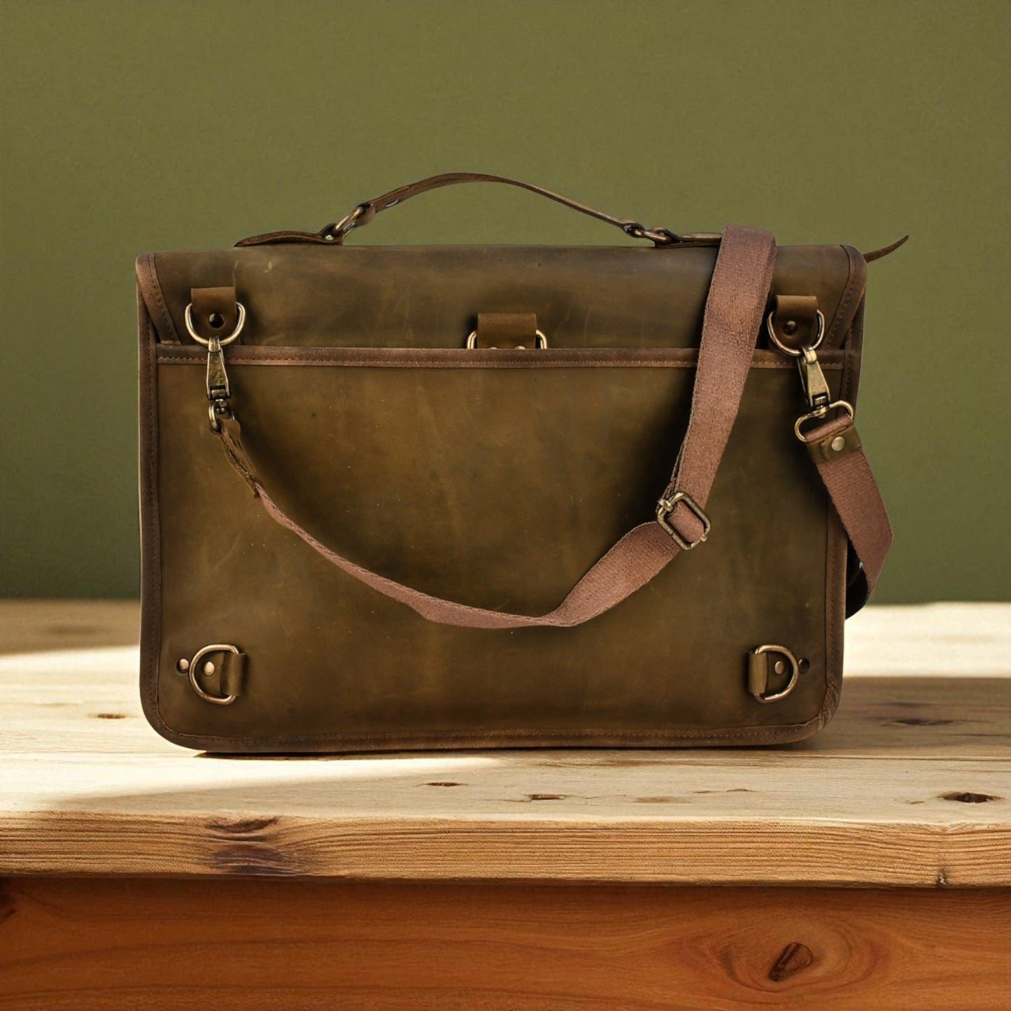 NEW Bovine Leather Twin Strap Laptop Bag - Olive