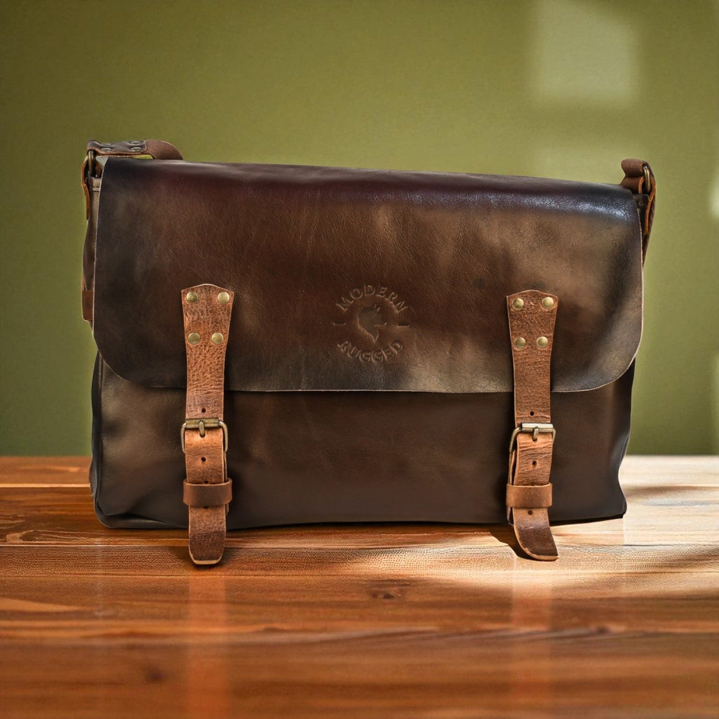 NEW Bovine Leather Buckled Messenger Bag - Brown