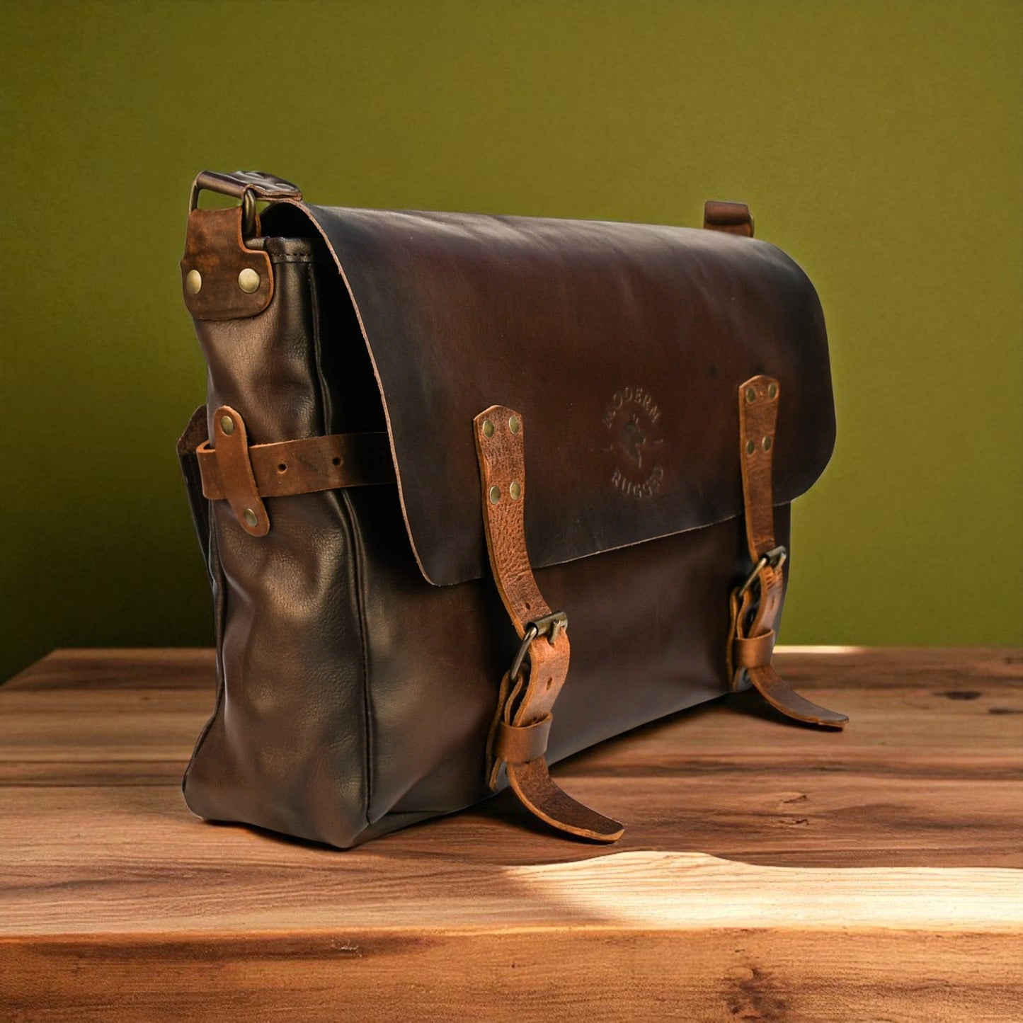 NEW Bovine Leather Buckled Messenger Bag - Brown