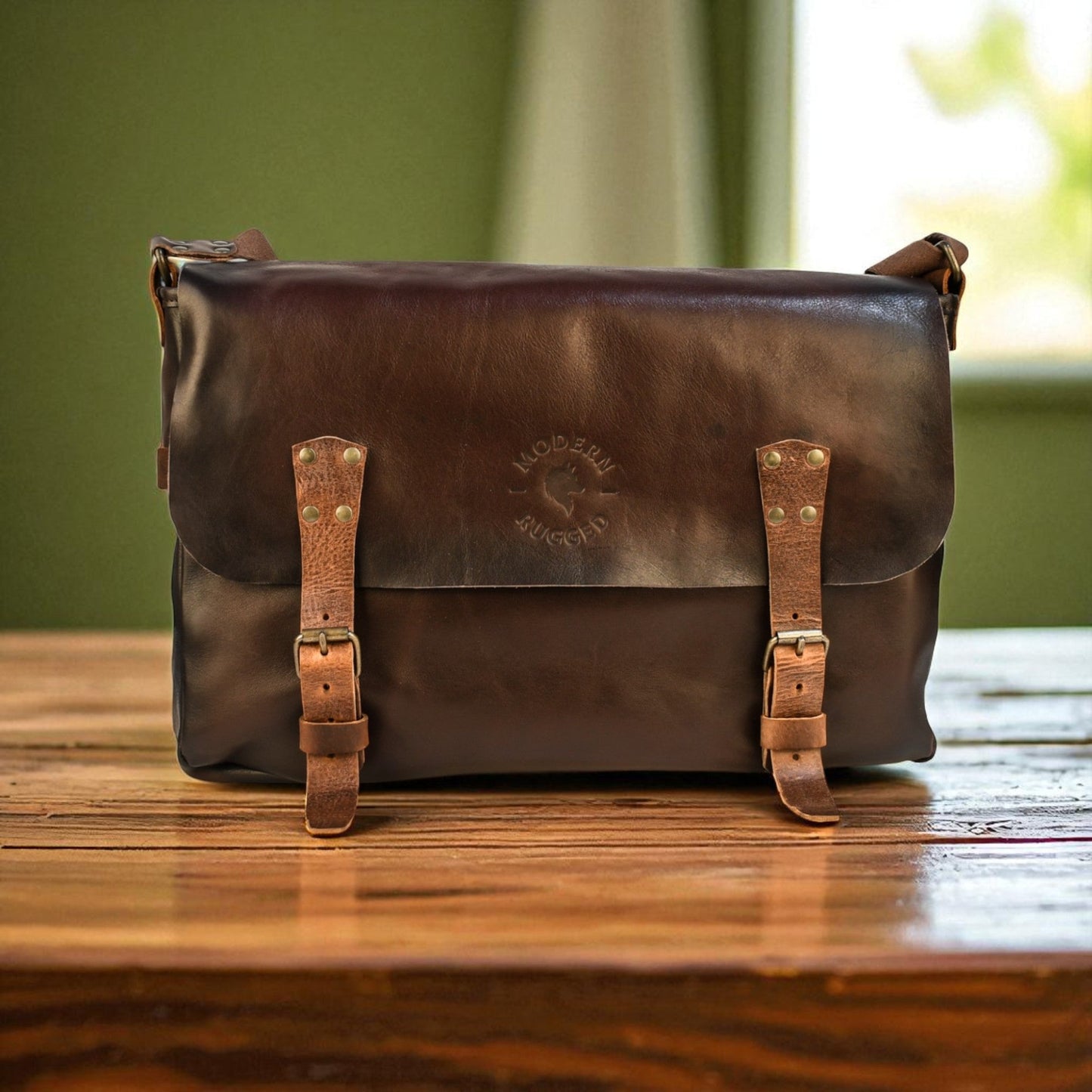 NEW Bovine Leather Buckled Messenger Bag - Brown
