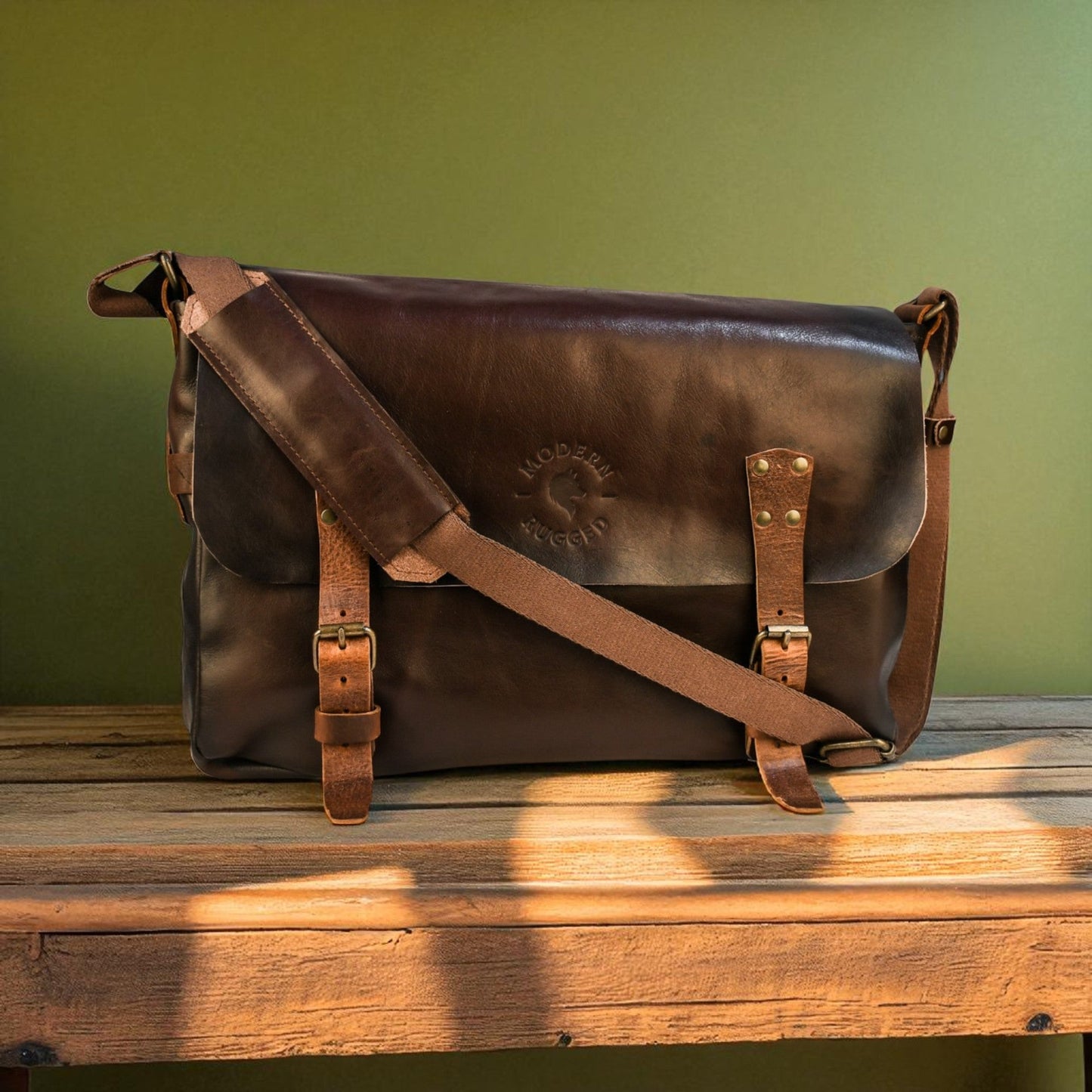 NEW Bovine Leather Buckled Messenger Bag - Brown